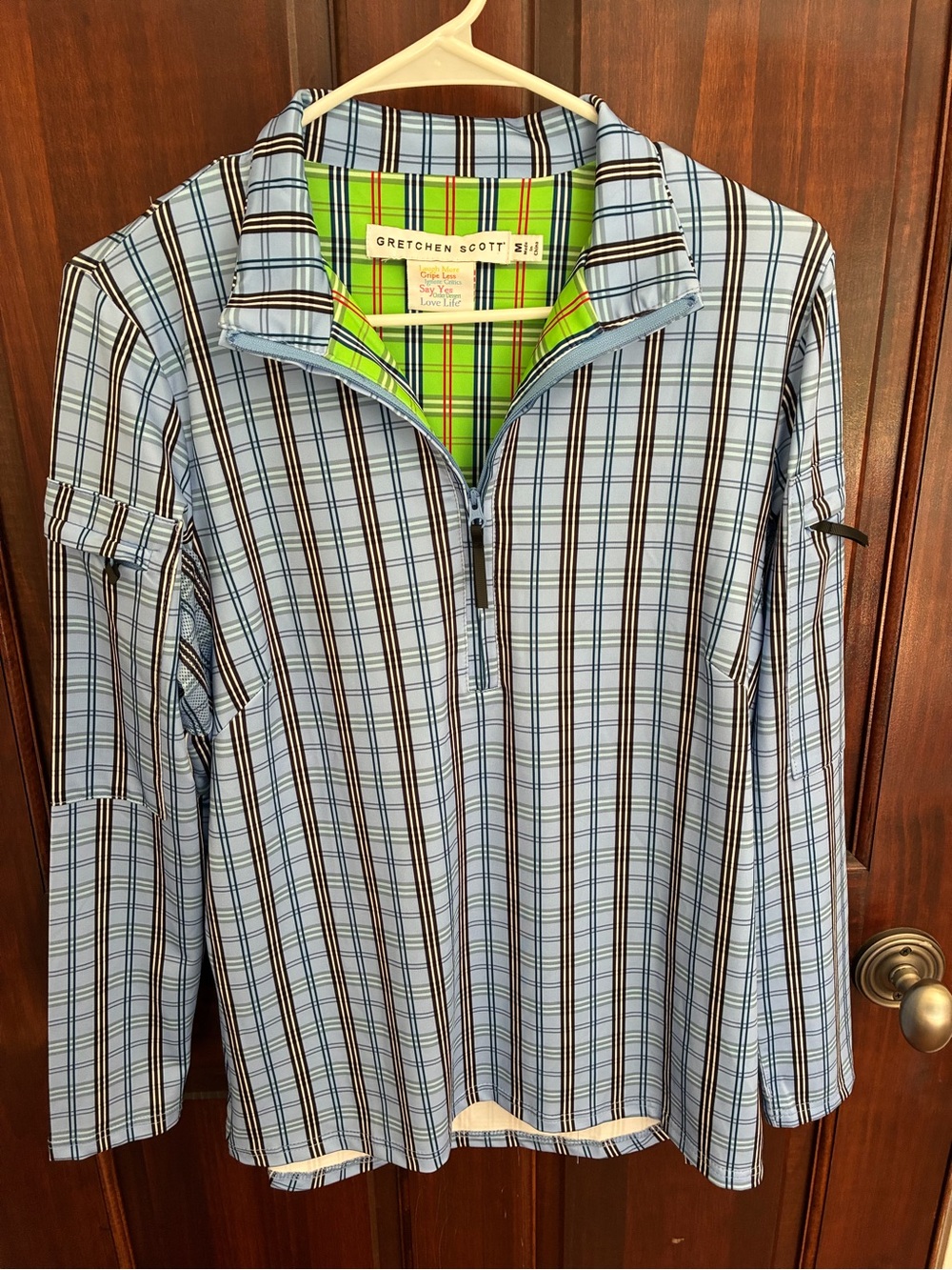 Gretchen Scott Designs Woman’s Light Blue Plaid Quarter-Zip Shirt